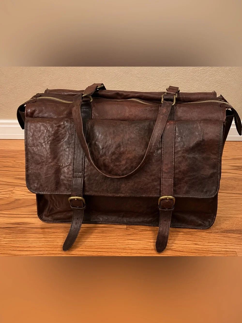 Vintage Genuine Leather Dark Brown Messenger Satchel Work Bag Made in India 20”